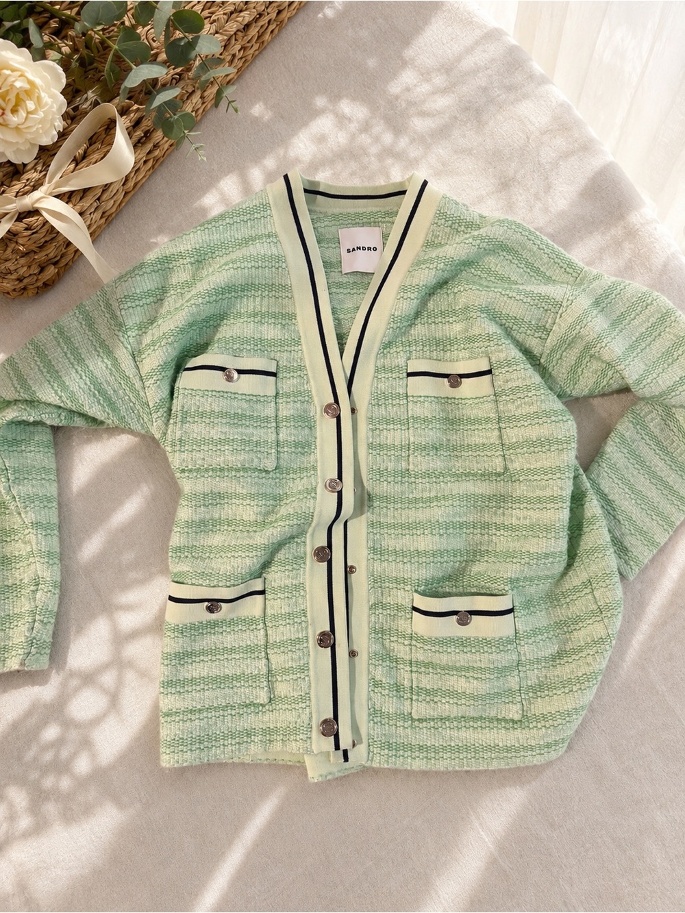 Sandro Light Mint Green Knit Blazer Cardigan with Contrast Trim